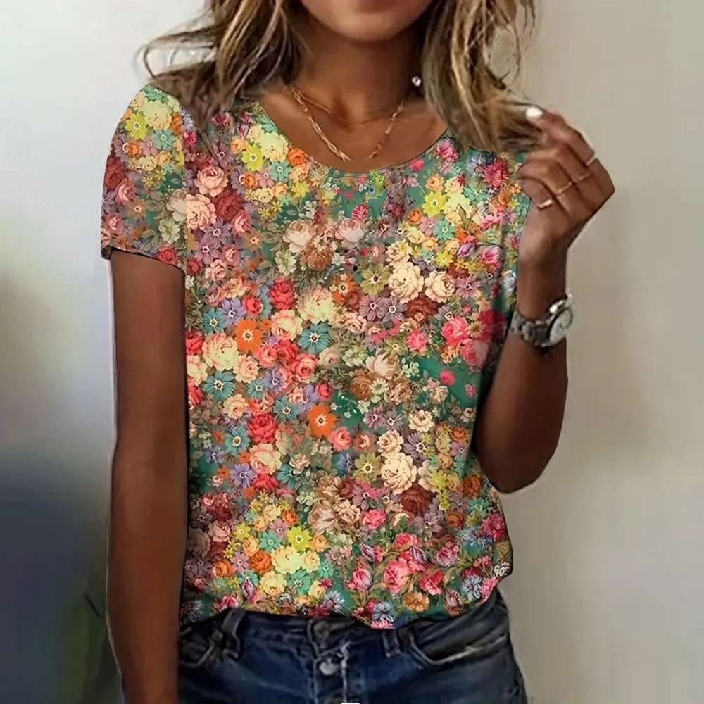 

Summer Fashion Women's T-Shirt Beautiful Flowers Stylish 3D Printed Casual Short Sleeved Crew Neck Tees Regular Tops y2k clothes