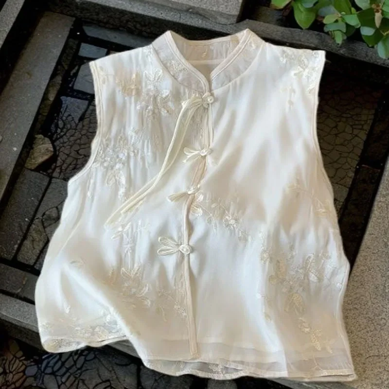 

New Summer Fashion Chinese Style Stand-up Collar Embroidered Vest Versatile Age-reducing Sleeveless Shirt Top for Women