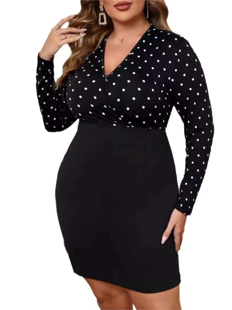 Plus Size Autumn Dress Women Polka Dot Print Patchwork Fashion Slim Sexy V-Neck Ladies Dresses Bodycon Long Sleeve Woman Dress