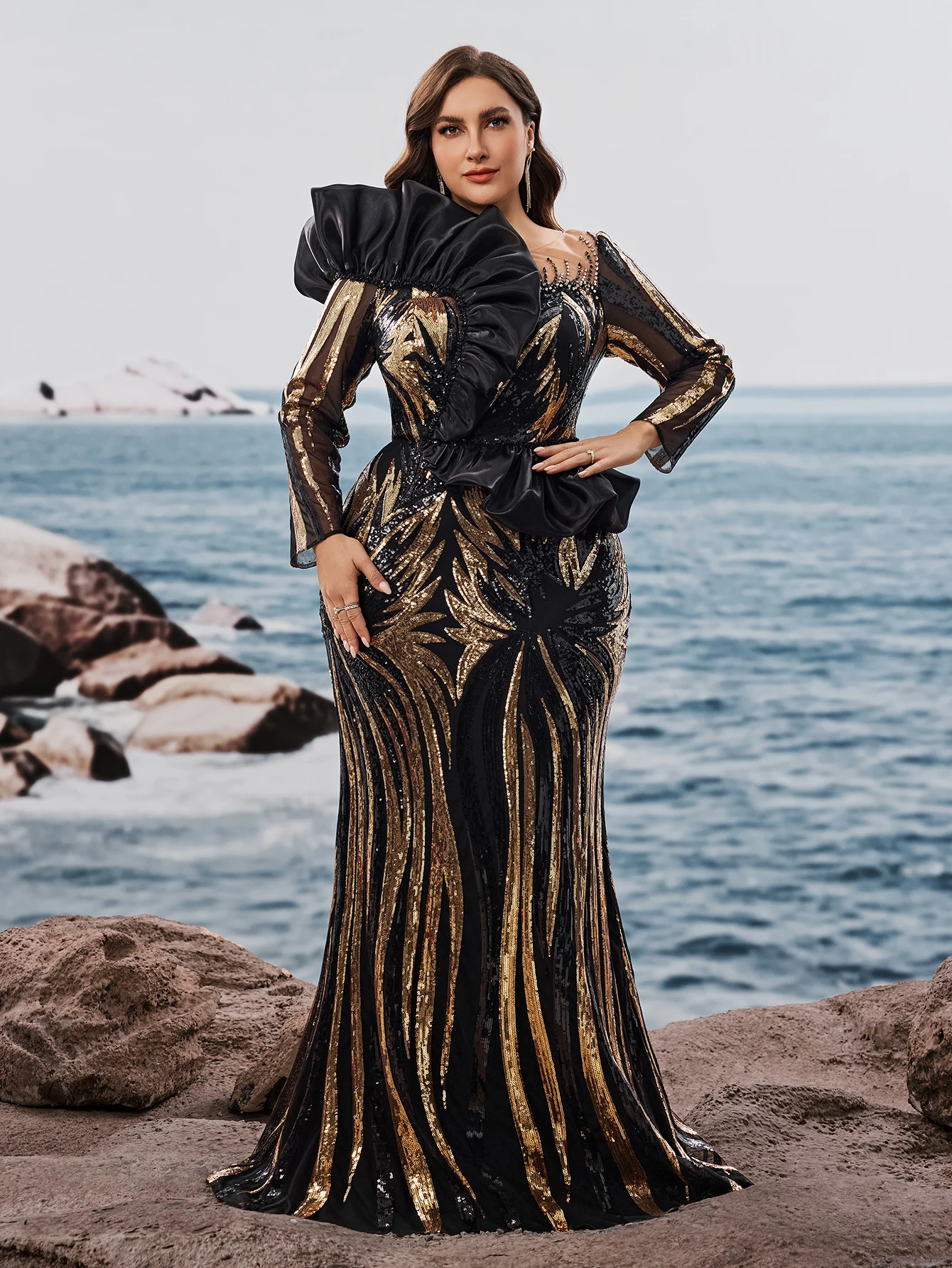 

XUIBOL Plus Size Luxury Ruffled Sequins Evening Dresses Elegant Long Sleeve Mermaid Formal Wedding Party Cocktail Gowns