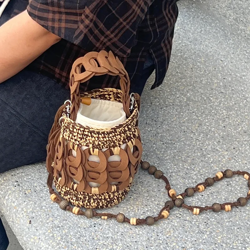 

Luxury Patchwork Straw Bag Bohemian Woven Bucket Bags for Women Handbags Handmade Crochet Beach Bag Small Basket Shoulder Bags