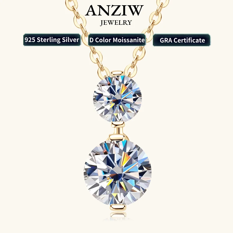 Anziw 925 Silver Sparking 1.7cttw. Two-stone Moissanite Pendant Necklace for Women Choker 2024 Trend Neck Jewelry Valentine Gift