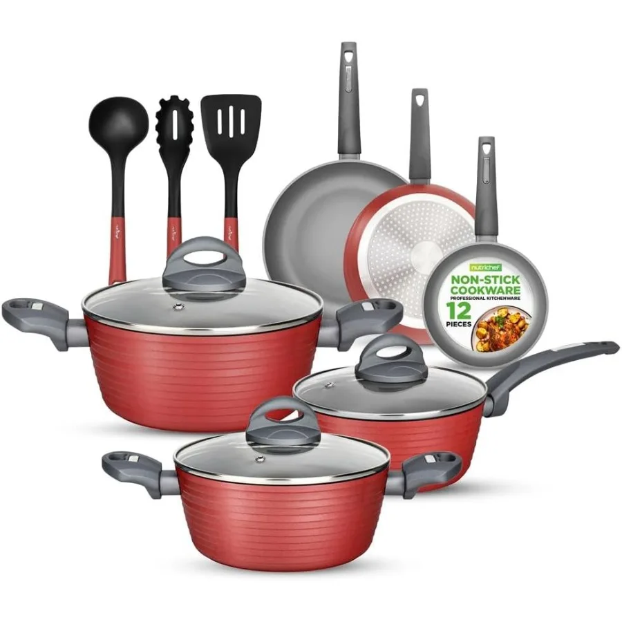 

Professional 12Piece Red Nonstick Cookware Set for Home Kitchen Use PFOA PFOSFree Heat Resistant Lacquer Coating Elegant Modern