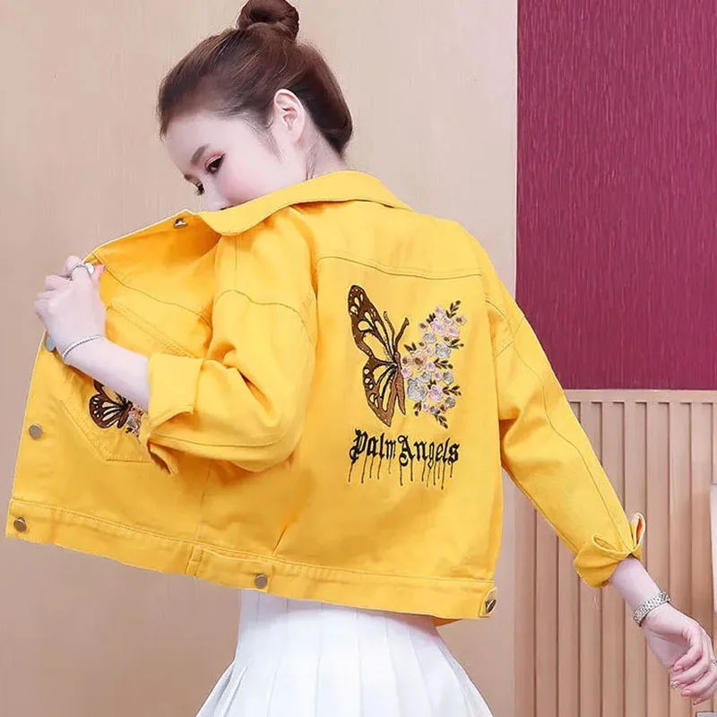 Women's Color Denim Jacket, Loose Embroidery, Basic Coat, Korean Bomber Jackets, Casual Trench Coats, Female, Students, Spring,