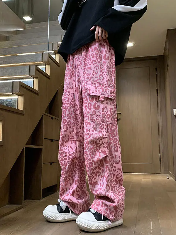 plus Size 300 Pounds American High Street Leopard Print Men's Jeans Loose Wide Leg Long Trousers Pink Trendy Street Style