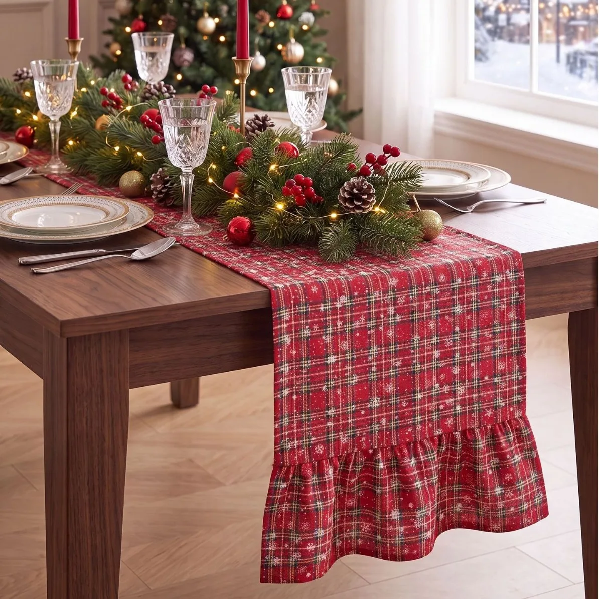 Christmas Red Plaid Ruffled Table Runner Polyester Farmhouse for Xmas Dining Table Decor Holiday Home Kitchen Party Decoration