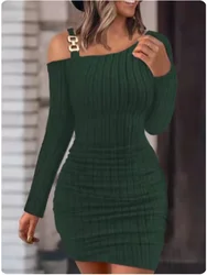 Stylish Metal Sheet Diagonal Collar Long Sleeved Dress Women's Solid Slim knitted Dresses Sexy Off Shoulder Autum Roben