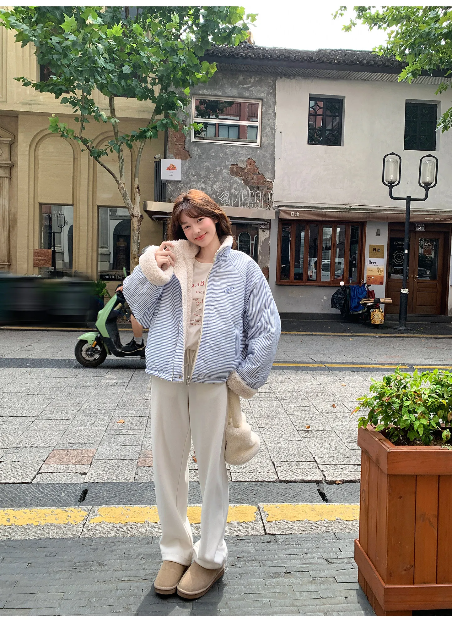 Korean Women's Reversible Striped Jacket Autumn Winter Stand Collar Fleece Lined Padded Coats Woman Loose Casual Plush Jackets