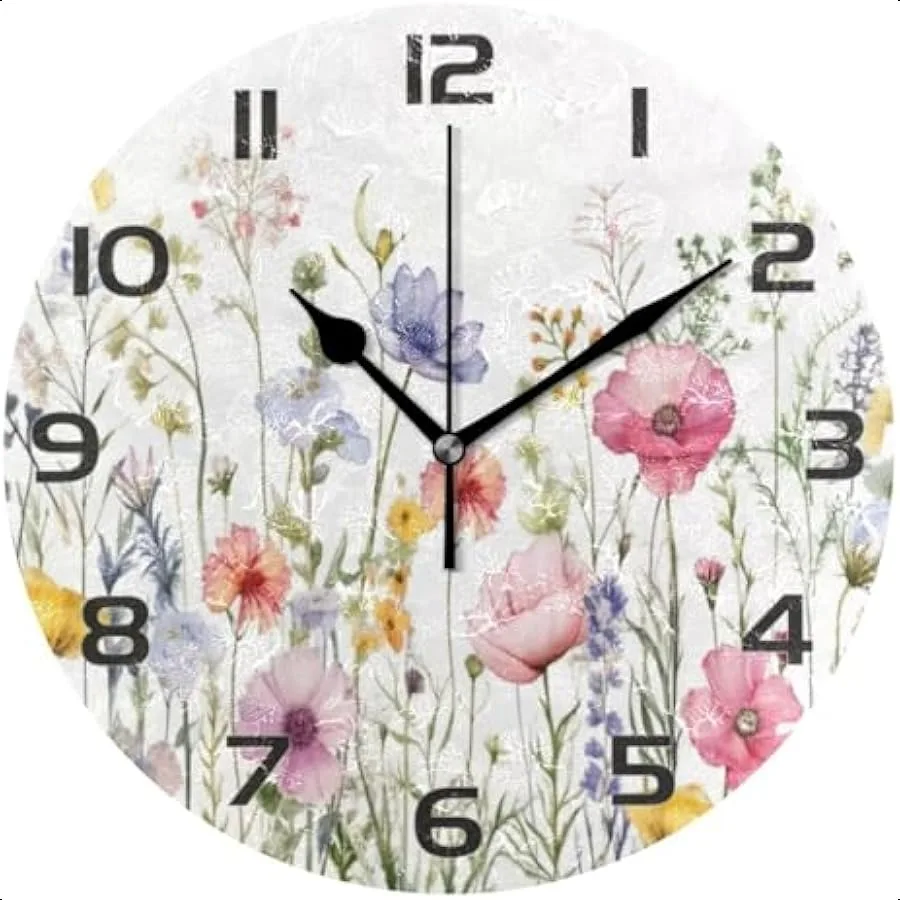 

Herbal Wildflowers Wall Clock Silent Non Ticking Battery Operated Creative Decorative Round Clock for Kitchen Living Room Bathr