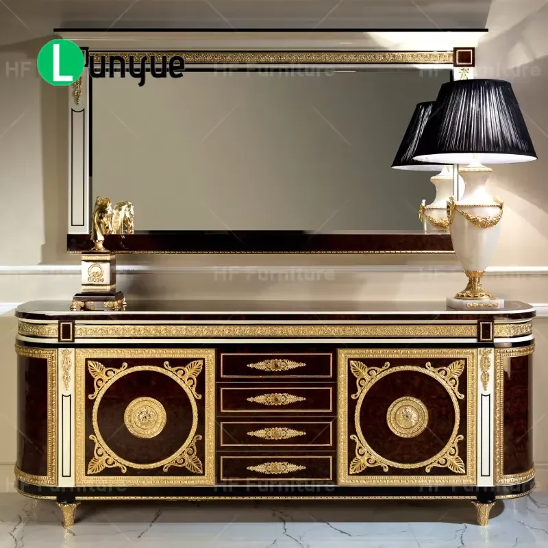 Classic Solid Wood Sideboard with Mirror Luxury Royal Dining Room Storage Cabinet High End Furniture