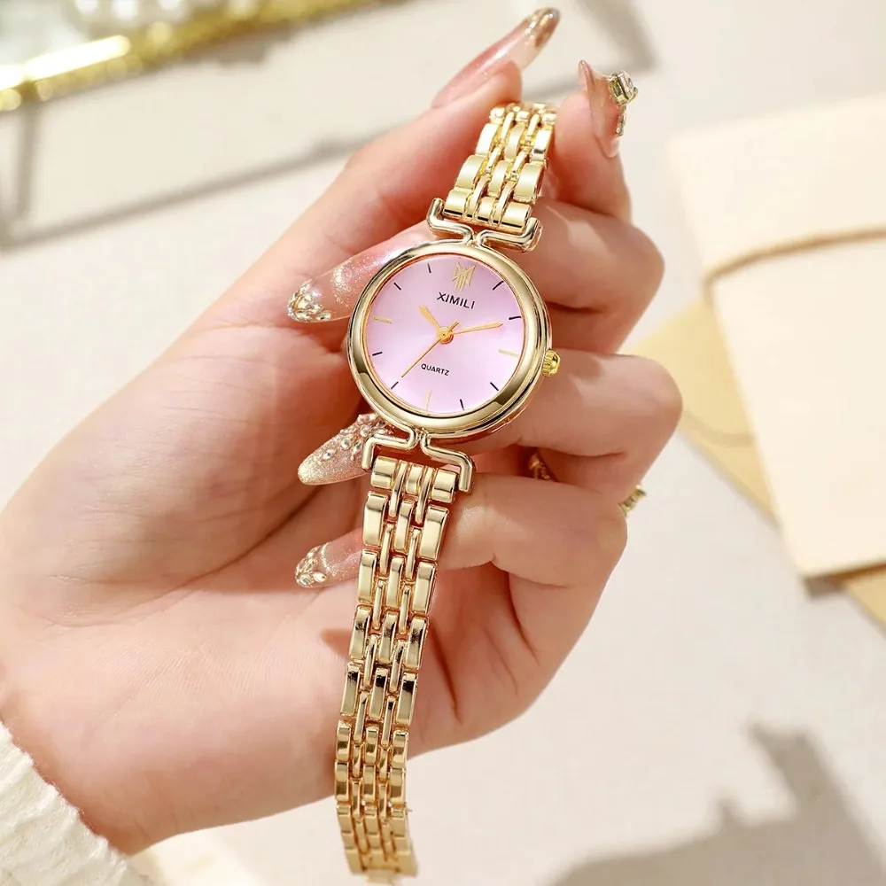 Minimalist Alloy Women Wrist Watch Round Dial Shape Metal Steel Strap Quartz Wristwatch Quartz Pointer Ladies Watch Gift