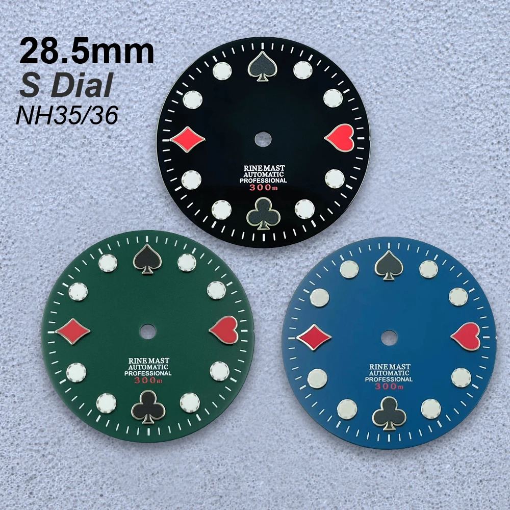 285mmのポーカーs型文字盤。nh35-nh36-4r-7s自動巻きムーブメントに適合。緑色の夜光塗料を使用し、高品質な時計改造用アクセサリー。
