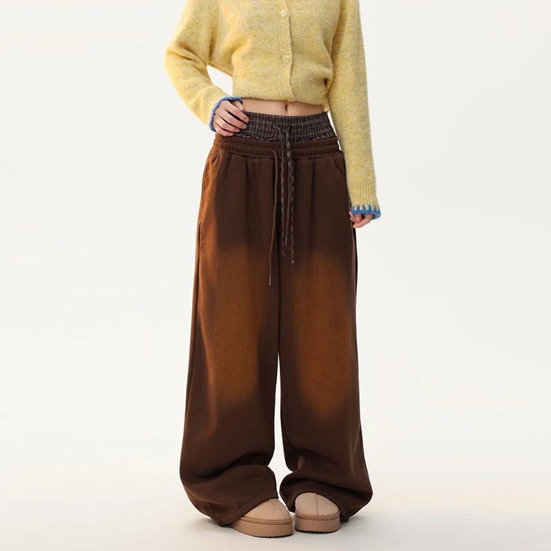 American Retro Layered Fake Two-Piece Plaid Splicing Women's Trousers Autumn Fleece-Lined Warm Casual Straight-Leg Pants Ladies