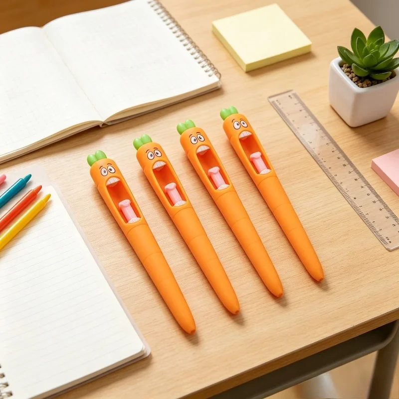 4Pcs Funny Tongue‑out Carrot Click Gel Pen Set,0.5mm Black Ink Kawaii Novelty Pens for School Learning &Student Daily Stationery