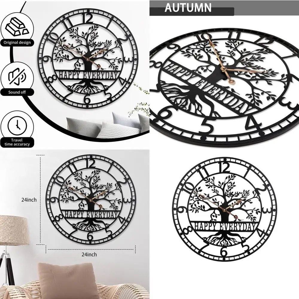 

Настенные часы «Древо жизни», большие металлические черные настенные часы, 24-дюймовые увеличенные настенные часы для гостиной, спальни, домашнего декора, бесшумные, среднего размера