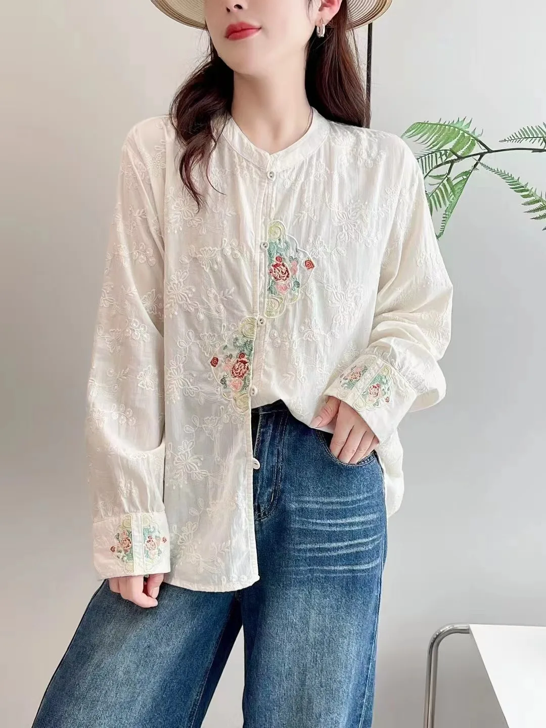 Autumn Women Vintage Chinese Style Embroidery Shirts Elegant Chic Stand Collar Cotton Beige Blouse Long Sleeve Loose Tops