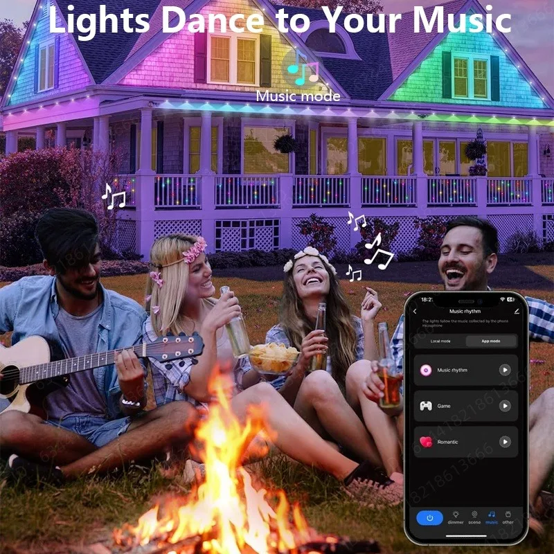 Smart RGBIC Permanent Outdoor Eaves LED Lights Color Flashing Fairy String Lighting, IP67 Waterproof Smart Decor Lamp for Roof Garden Christmas Halloween Festival Holiday Home Decoration