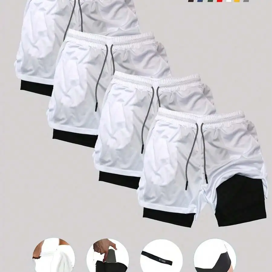 4pcs Mens Quick-Dry Double Layer Shorts With Pockets For Summer Running Fitness Casual
