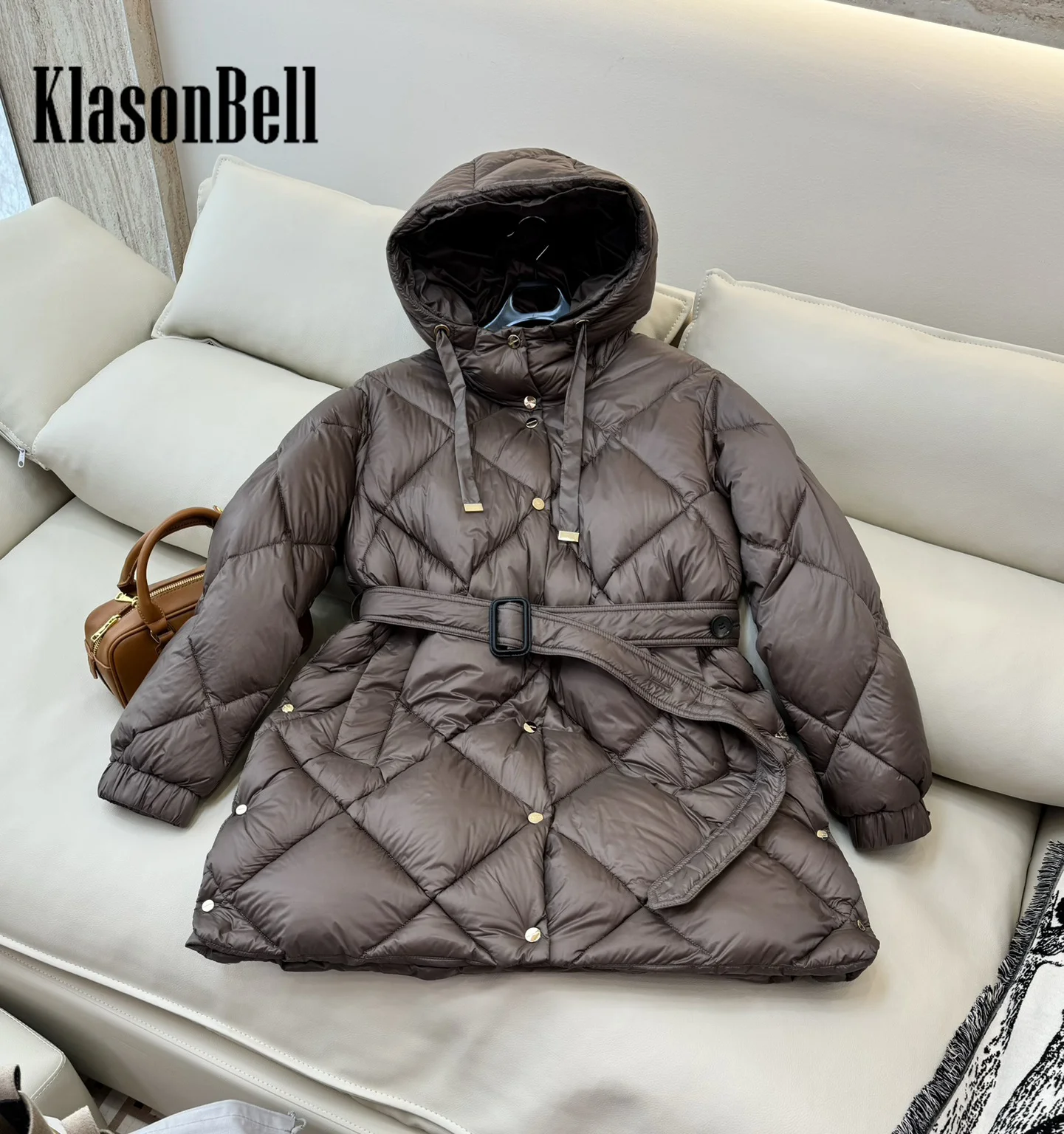 9.5 KlasonBell Women Classic Quilted Argyle Plaid Sashes Goose Down Jacket Autumn Winter Hooded Single Breasted Down Outerwear