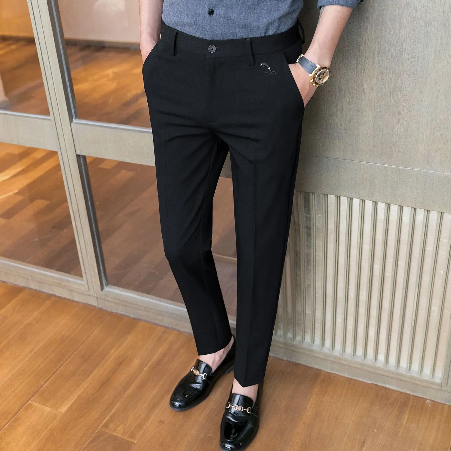 Trousers for Men Cropped Slim Fit Formal Work Casual Pants Man Dress Tailoring Baggy Polyester Slacks Korean Style Cotton Sale