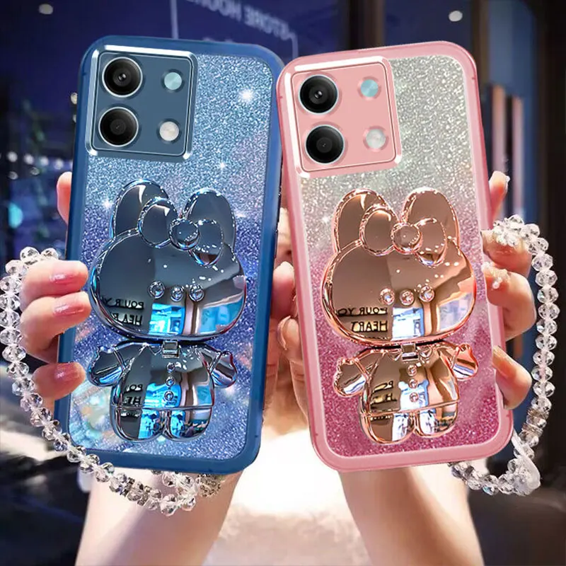 Glitter lanyard Case For Redmi Note13 pro 4G,Rabbit mirror Cover For Xiaomi Redmi note 13 Pro Plus 12 5G 13C Holder Case Note13