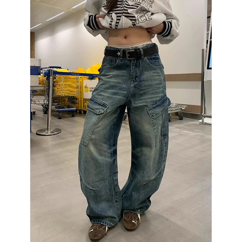 

Женские винтажные синие джинсы Y2k в стиле Харадзюку, джинсовые брюки бойфренда в стиле хип-хоп, уличная одежда в американском стиле ретро, брюки оверсайз в стиле гранж 2000-х годов