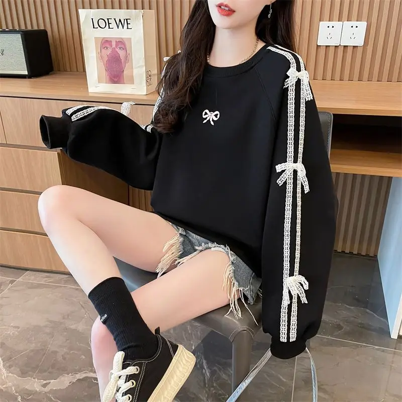 Lace Embroidery Patchwork Korean Round Neck Loose Sweatshirt Design New Bow Top