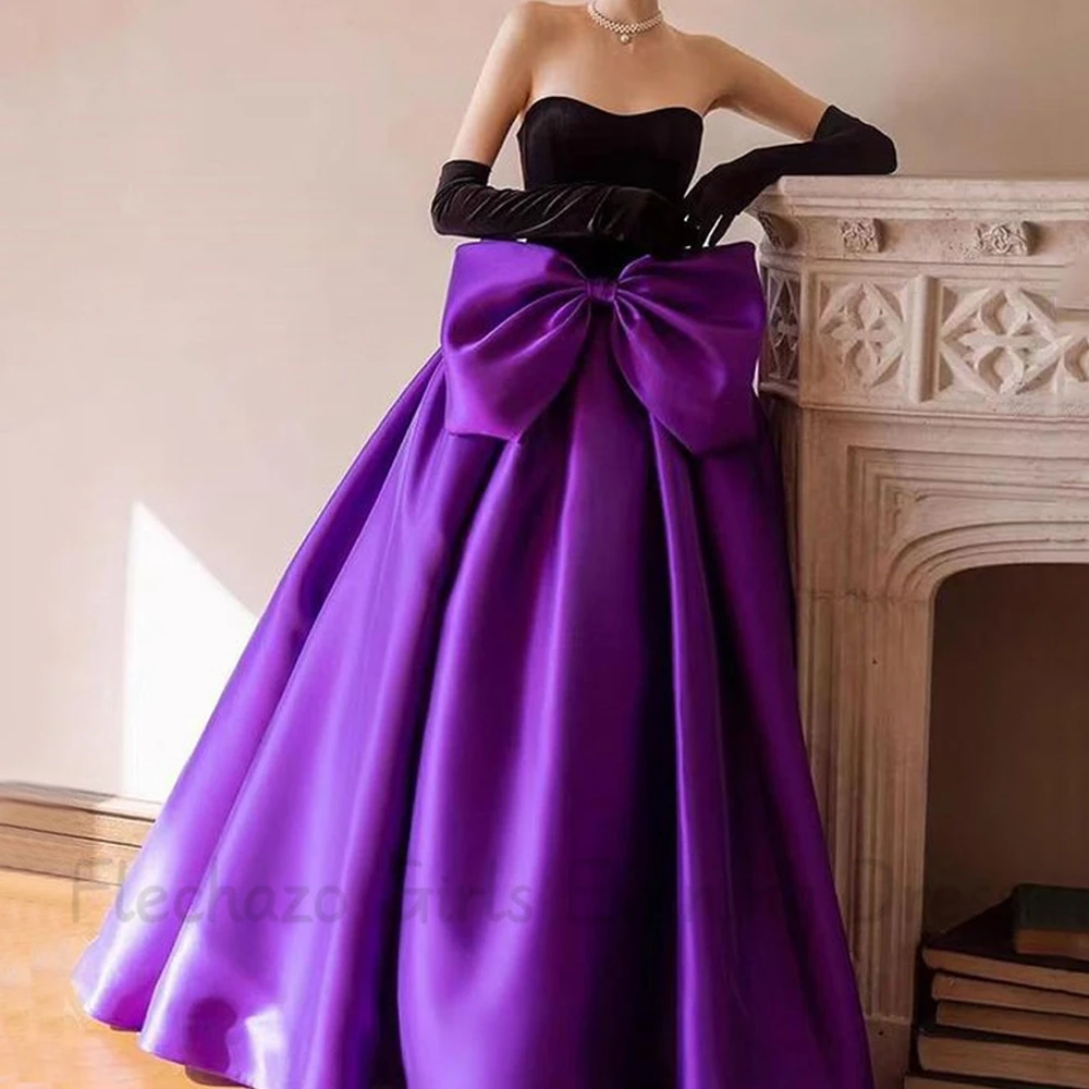 Flechazo Strapless Prom Dress Sweetheart Sleeveless with Large Bow A-Line Floor Length Double Color Women Evening Gown for Party