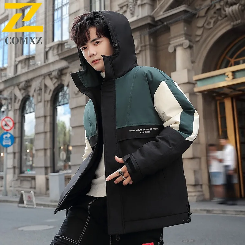 COMXZ Men's Hooded Puffer Jacket American Style Waterproof Windproof Thermal Coat Outdoor Sports Winter Leisure Streetwear 2025