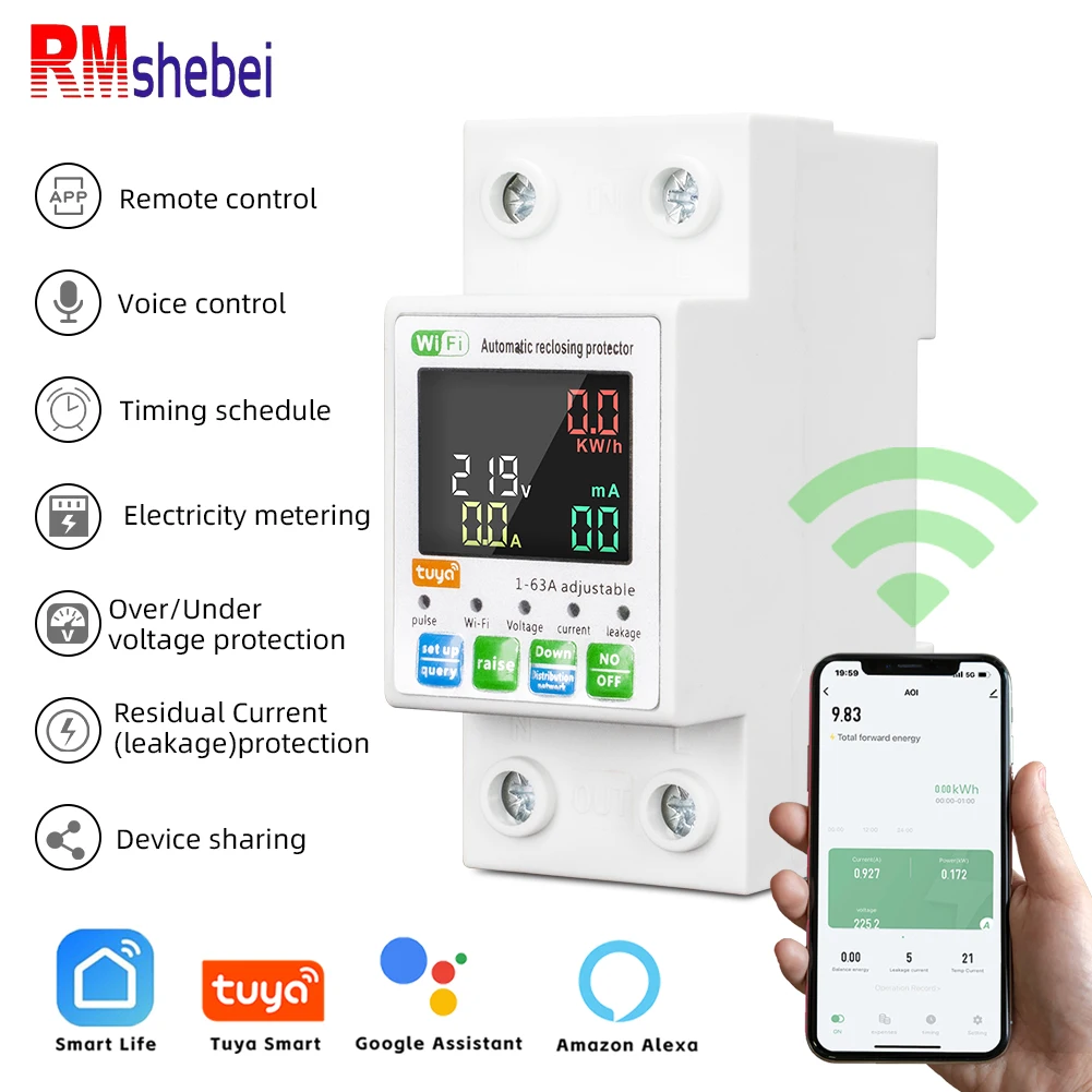 RMshebei 63A Tuya Smart Circuit Breaker Alexa WiFi Switch Smart Life Voltage Relay 220V Electric Power Meter 63A