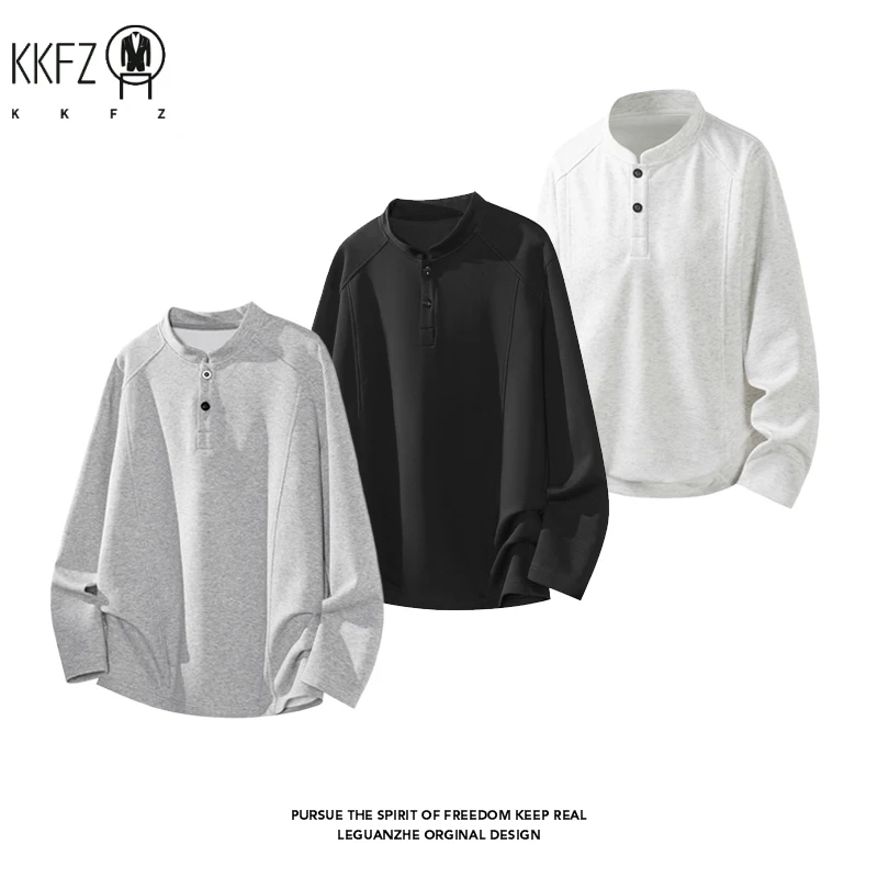 Male Raglan Sleeve Henley Pullover Stand Collar Two Button Long Sleeve Breathable Fabric Casual Travel Garment - view 2