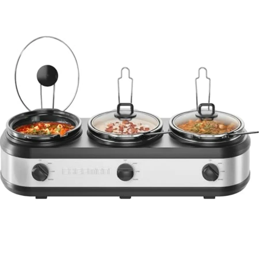 

Triple Slow Cooker Food Warmer with 2.5 Qt Ceramic Crocks 7.5-Quart Total Capacity PFAS-Free Three Temperature Settings Dishwas