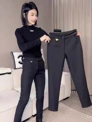 High Waist Slim Look Western Pants Autumn Winter New Fleece-Lined Thickened Casual Trousers Elegant Slim Straight Pants Women