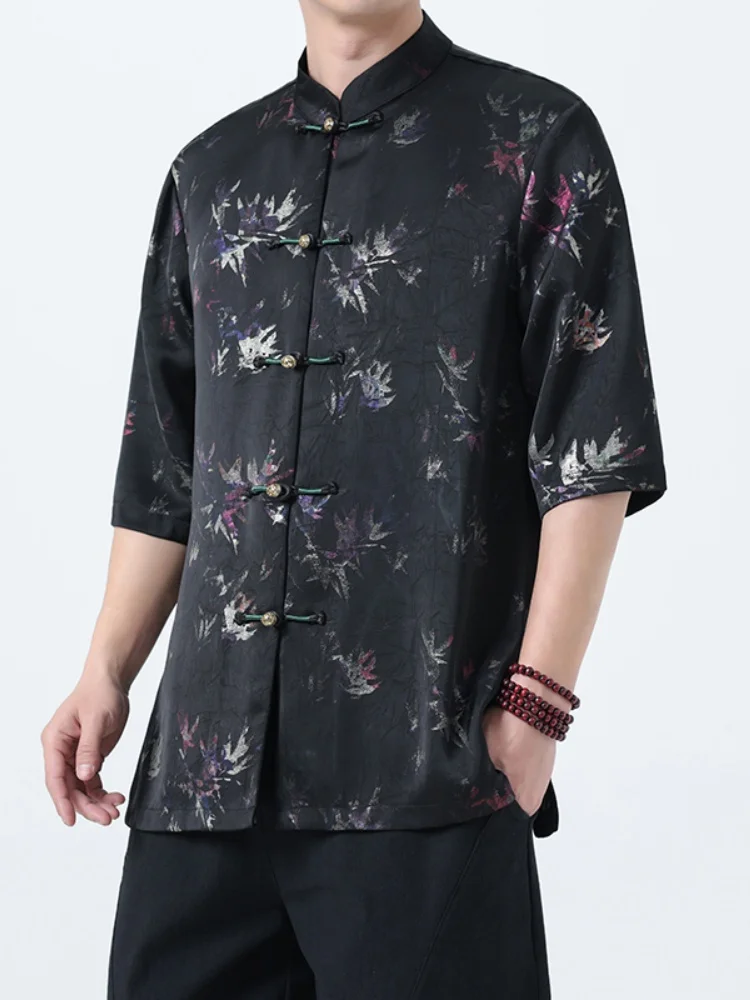 

Retro Ice Silk Short Sleeve Men's Summer Chinese Style Button Design Loose Cool Feeling Stand Collar Top Youth Fashion Loose ...