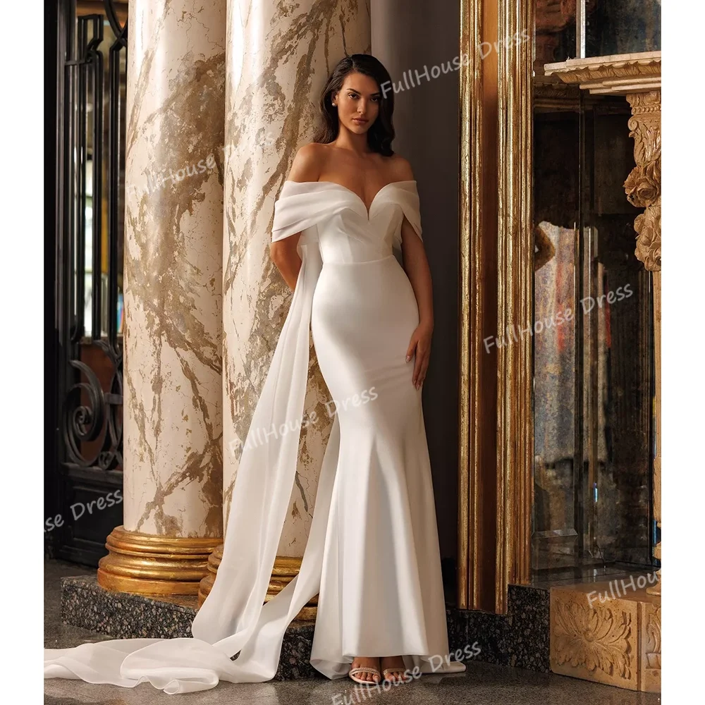 العرف الحديثة قبالة الكتف مطوي مثير غمد ثوب الزفاف الدانتيل يصل الظهر Ruched الطابق طول فستان الزفاف مع قطار vestid