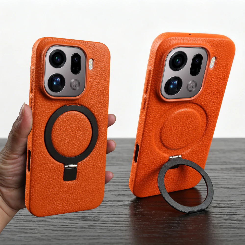 Magnetic Bracket Genuine Leather Case For OPPO Find X10 Pro Max X9 Ultra X8 X7 Pro Reno 9 Pro Plus For Magsafe Phone Case Cover