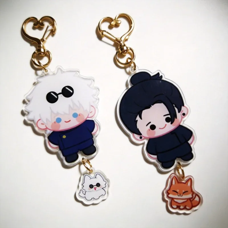 Cute Chibi Acrylic Keychain White Hair Mask Boy Dark Hair Bun Boy Heart Clip With Cat Fox Charm Single Sale Kawaii Accessory
