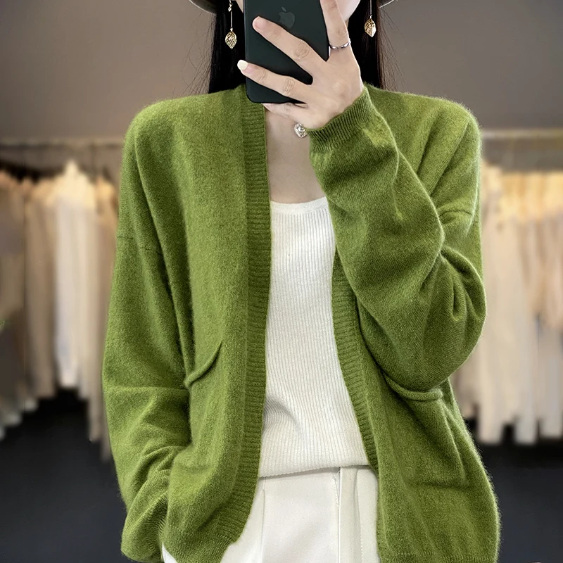 Spring Autumn New Women Fine Wool Blend Sweater V-neck No Buckle Knitted Cardigan Casual Loose Bottoming Coat Versatile Tops