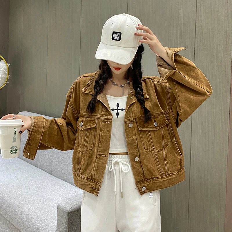 

Женская джинсовая куртка в корейском стиле, весна 2023, новые синие пальто с длинными рукавами, женские свободные куртки в стиле ретро с отложным воротником