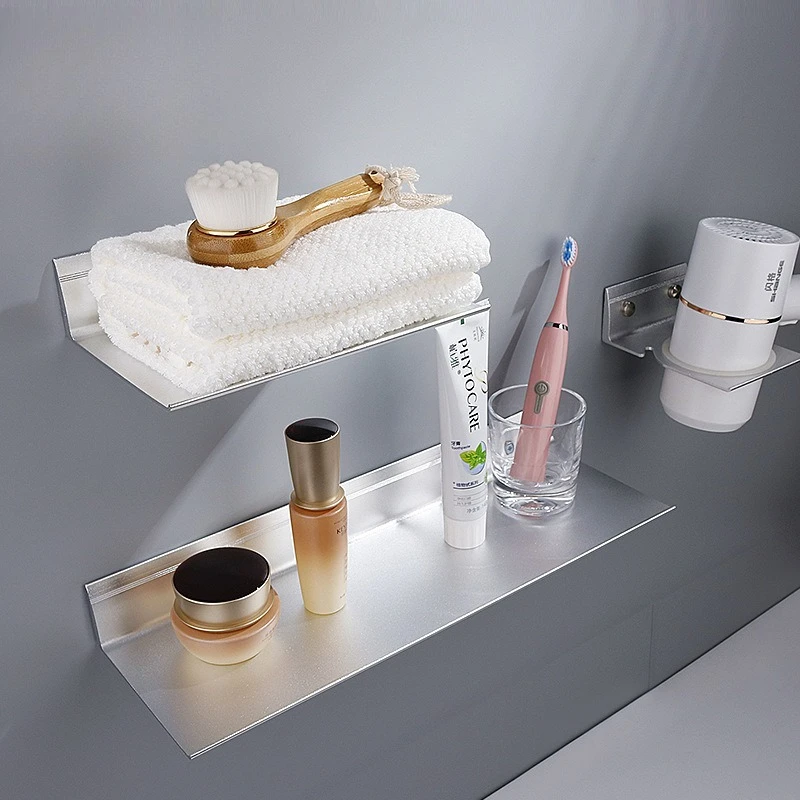 

Black Space Aluminum Vanity Shelf - Single Layer Rectangular Mirror Organizer for Bathroom Countertop, No Drill Mount