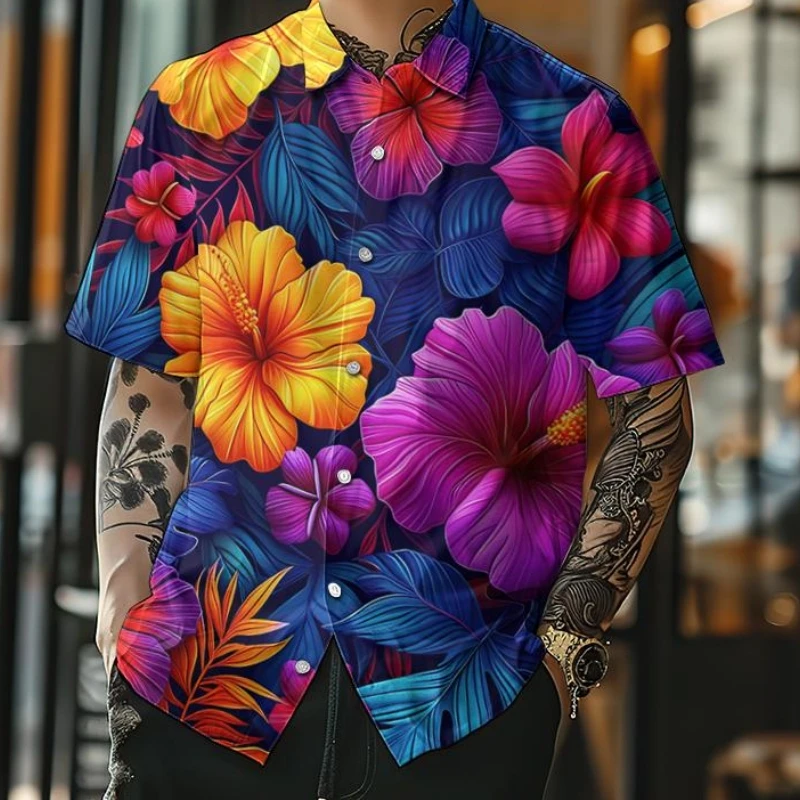 New Men's Shirt 3d Beach Flower Print Hawaiian Shirts For Men Summer Casual Short Sleeve Shirt Loose Oversized Male Clothing Top