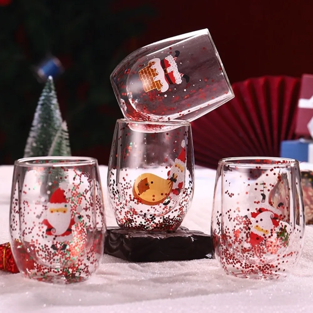 Heat-resistant Double-layer Sequins Christmas Glass Cup High Borosilicate Glass Transparent Coffee Milk Mug Tea Espresso Cup
