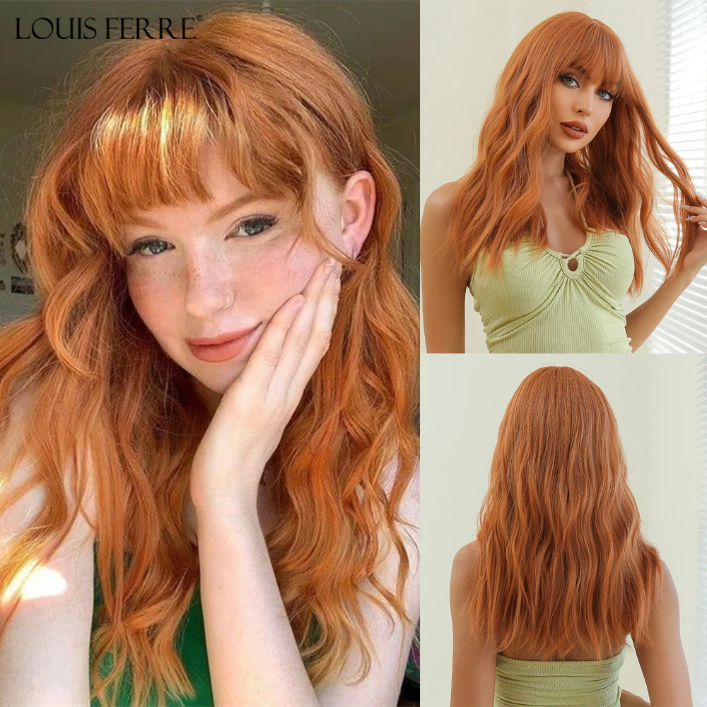 LOUIS FERRE Orange Body Wave Synthetic Wigs With Bangs Long Copper Curly Hair Wig Colorful Cosplay Costume Heat Resistant Fiber