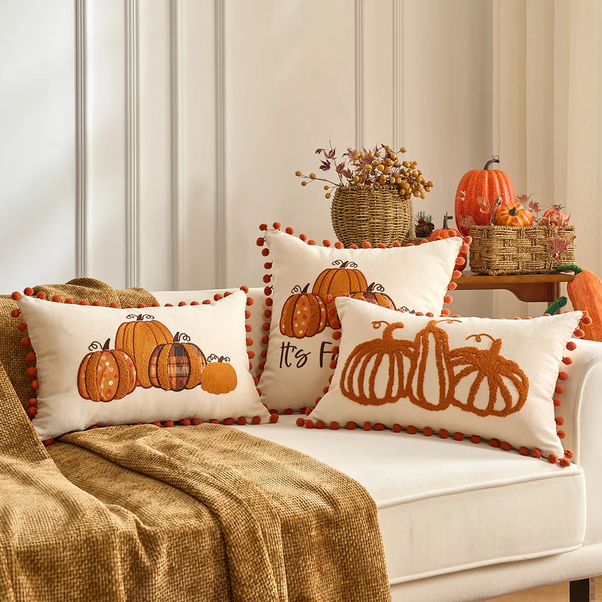 

Autumn Embroidery Pumpkins Cushion Covers with Pompom Tassels Leaves Fall Decoration Pillow Case for Sofa Couch 45x45cm 30x50cm