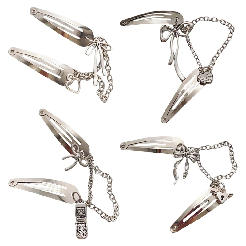 Aesthetic Bowknot Hairpin Metal Duckbill Clip Barrettes French Side Pin Fringed Chain Hairclip Hair Styling Accessory