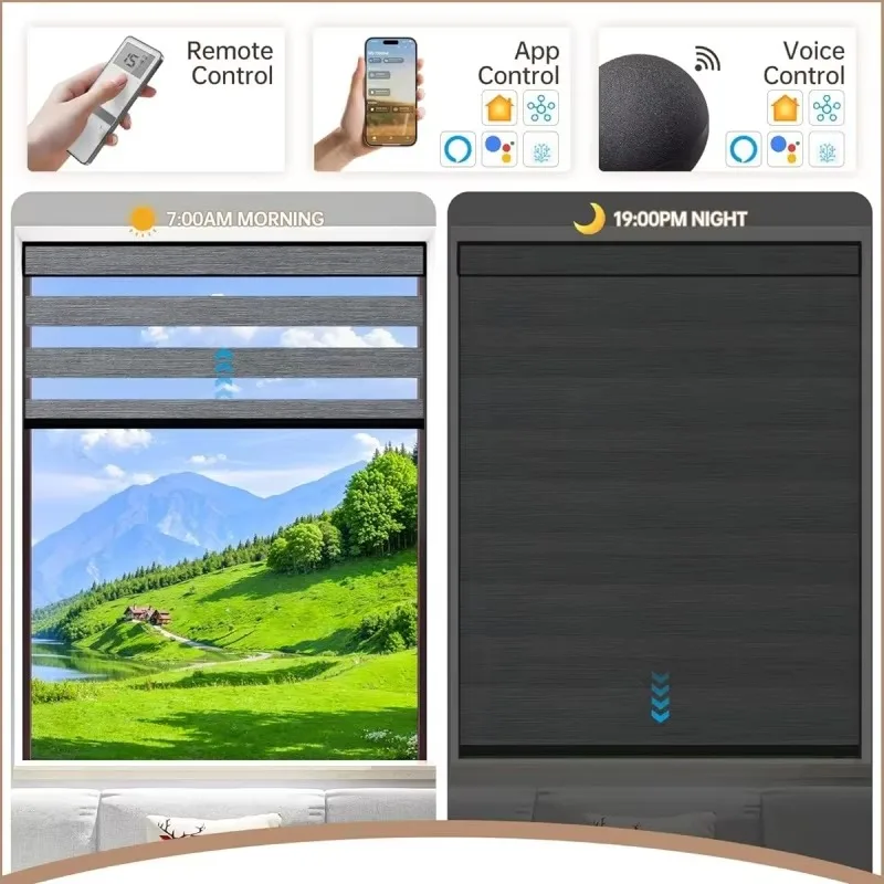 Dual Layer 100% Blackout Zebra Blinds, Smart WiFi Motorized Remote Control Compatible with Google for Indoor Windows