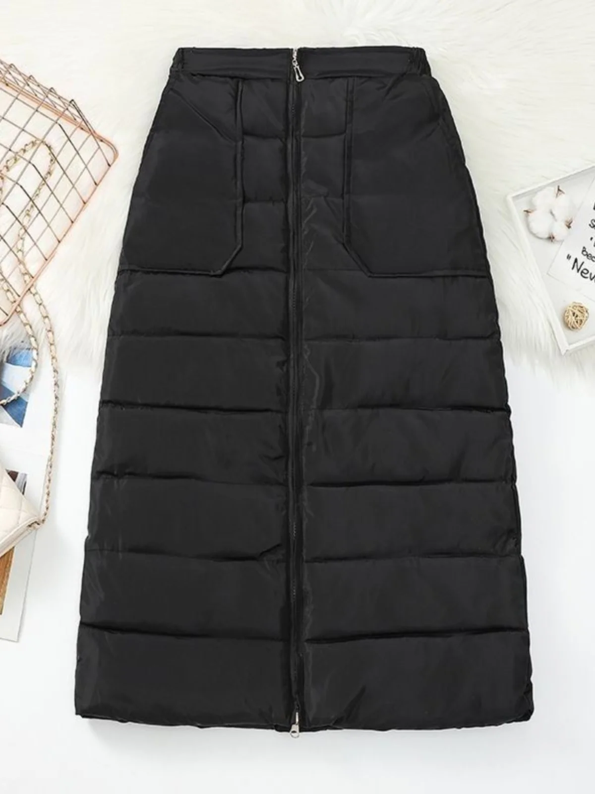 Women's down Cotton  Skirt Windproof Warm Zipper Long One-piece Wrap-around Skirts High Waist Polyester Fiber A-Line Skirt