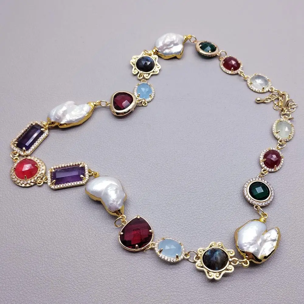 

yygem New Multi Color gemStone Crystal Cultured 15x25mm White Pearl Choker Necklace Jewellery
