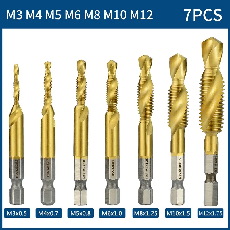 XCAN Gewindebohrer-Set, kombinierter Gewindebohrer, HSS-Sechskantschaft, metrischer Gewindebohrer, Maschinenstecker, Gewindebohrer, Bohrer, Handwerkzeuge, M3, M4, M5, M6, M8, 10 M12