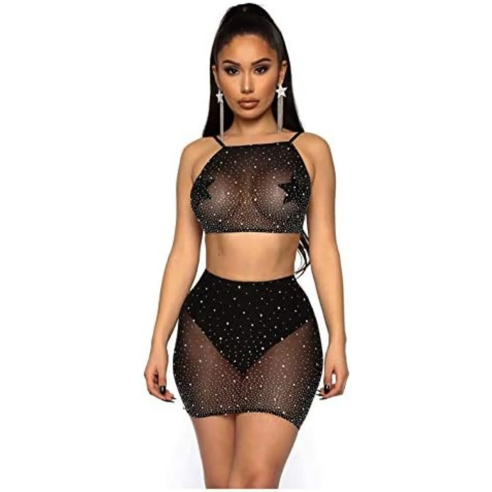 Women Sexy Sparkle Rhinestone Lingerie Set for Women See Through Mini Micro Bra Bikini G String Bottom Set